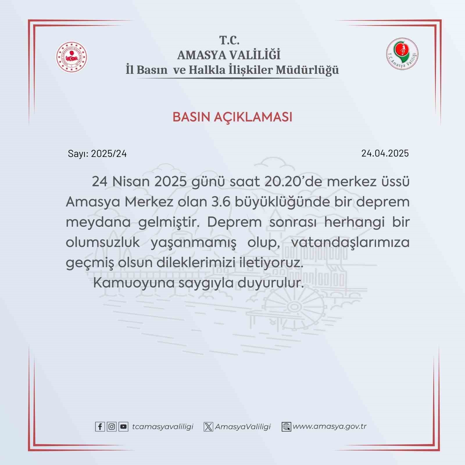 Amasya Valiliğinden deprem sonrası açıklama: 