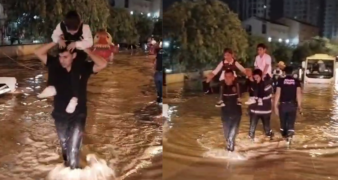 Adana’da yağmur nedeniyle serviste mahsur kalan çocuklar böyle kurtarıldı
