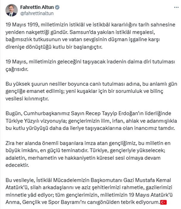 Fahrettin Altun’dan 19 Mayıs mesajı: 