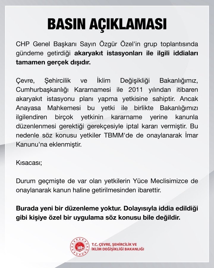 Bakanlıktan Özgür Özel’in akaryakıt istasyonlarıyla ilgili iddialarına yalanlama