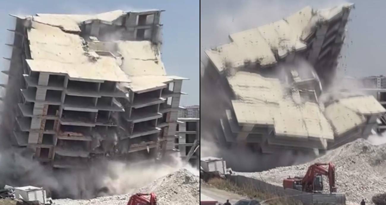 Deprem etkisi yaşatan 12 katlı binanın yerle bir olduğu anlar kamerada