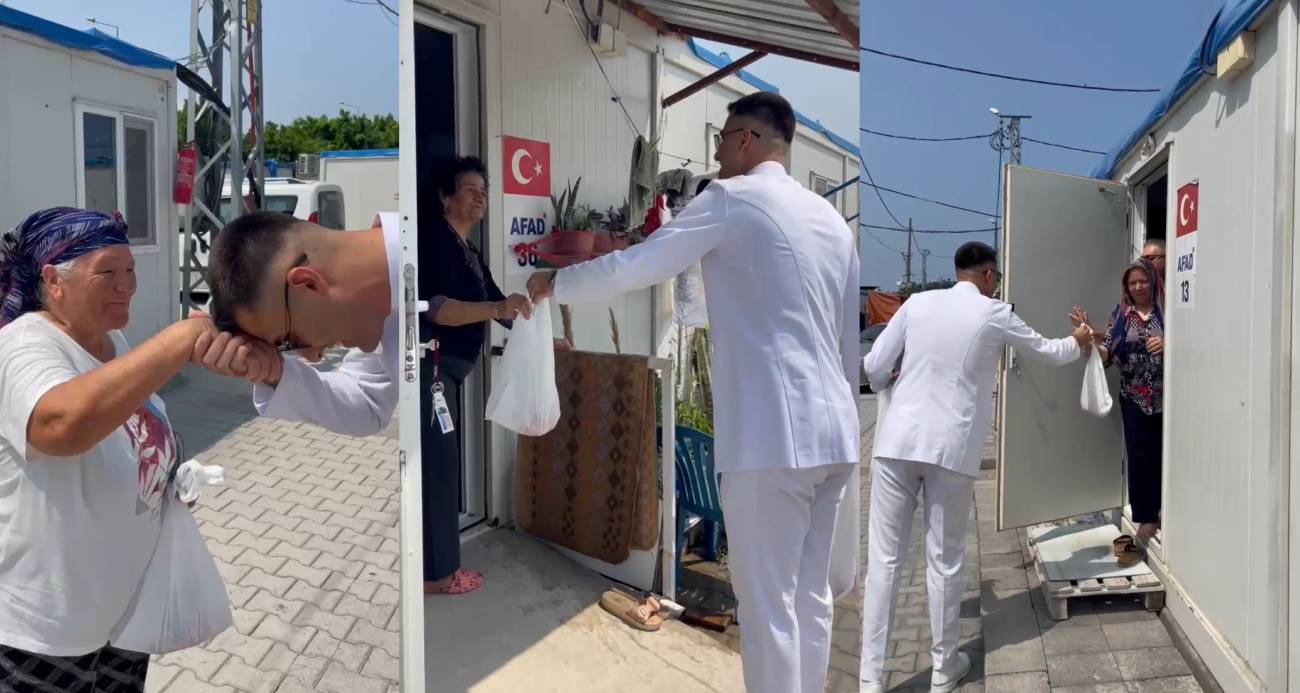 Depremde enkazdan çıkan genç, üniversiteden mezun olmasıyla adadığı kurbanın etini konteyner kentte dağıtarak yürekleri ısıttı