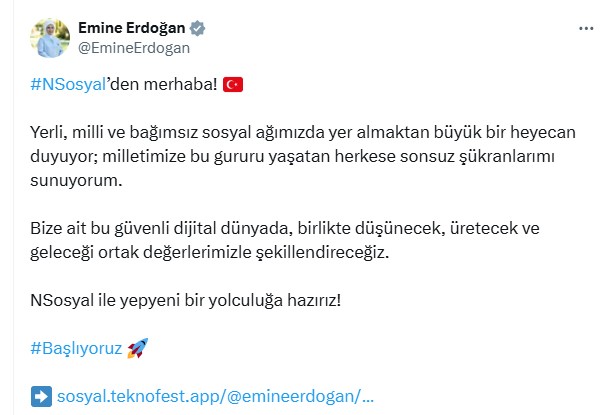Emine Erdoğan, NSosyal’den ilk paylaşımını yaptı: