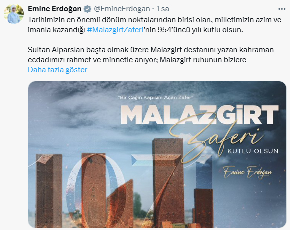 Emine Erdoğan’dan, Malazgirt Zaferi’nin 954’üncü yıl dönümü paylaşımı