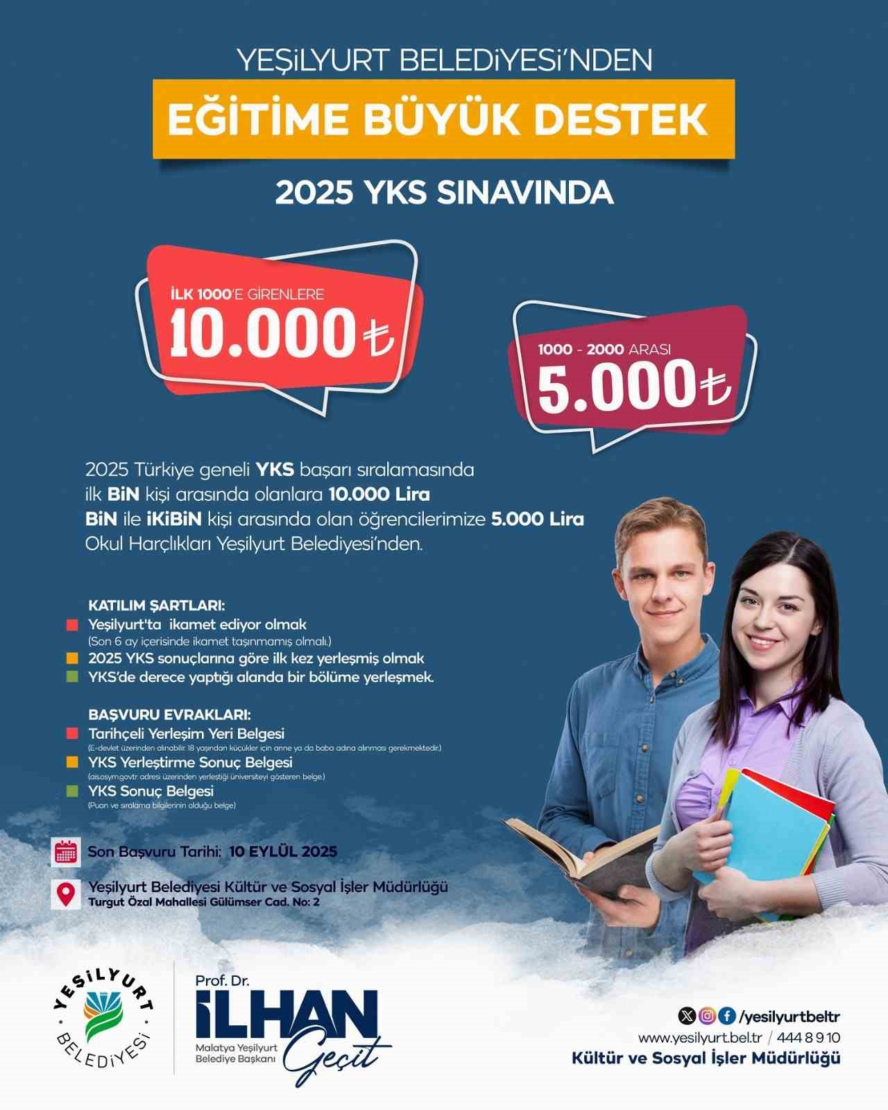 YKS’de ilk 2 bine giren öğrencilere Yeşilyurt’tan nakdi ödül