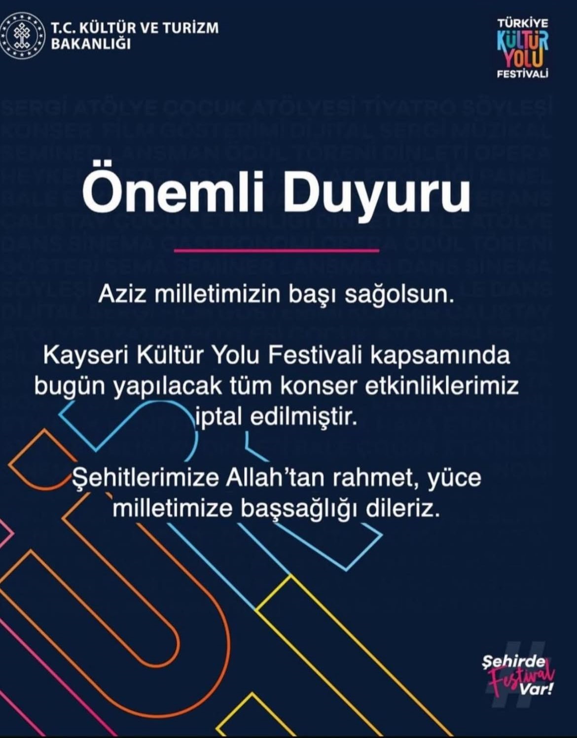 Kültür Yolu Festivali’nde bugünkü konser etkinlikleri iptal edildi