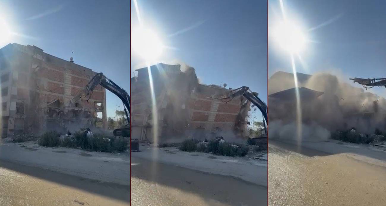 İş makinası, üzerine doğru yıkılan 6 katlı binanın altında kalmaktan saniyelerle kurtuldu