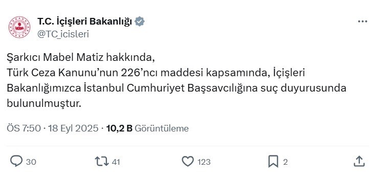 İçişleri Bakanlığı şarkıcı Mabel Matiz hakkında suç duyurusunda bulundu