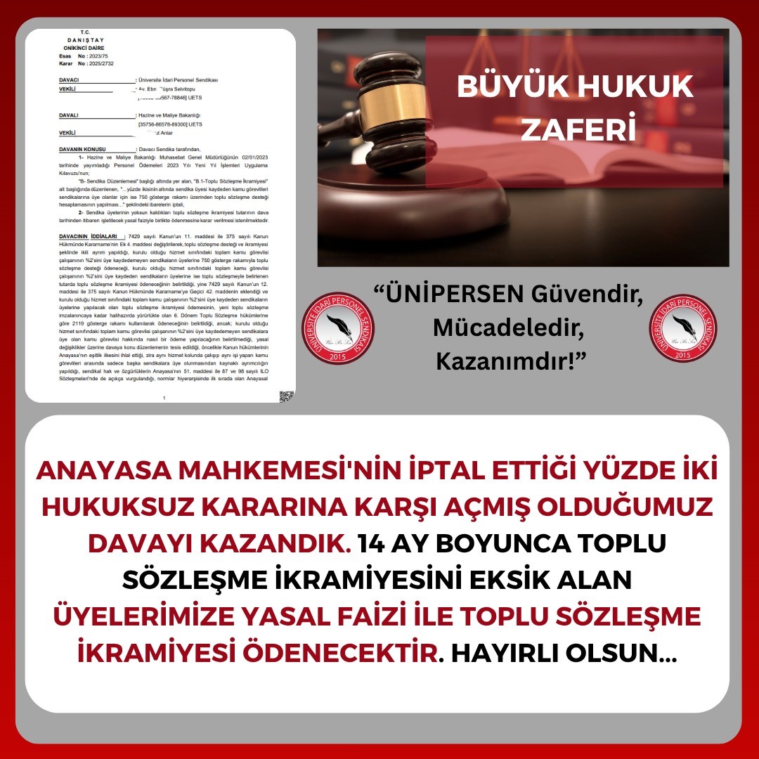ÜNİPERSEN açtığı davayı kazandı, toplu sözleşme ikramiyesini eksik alan kamu görevlilerine ödeme yapılacak