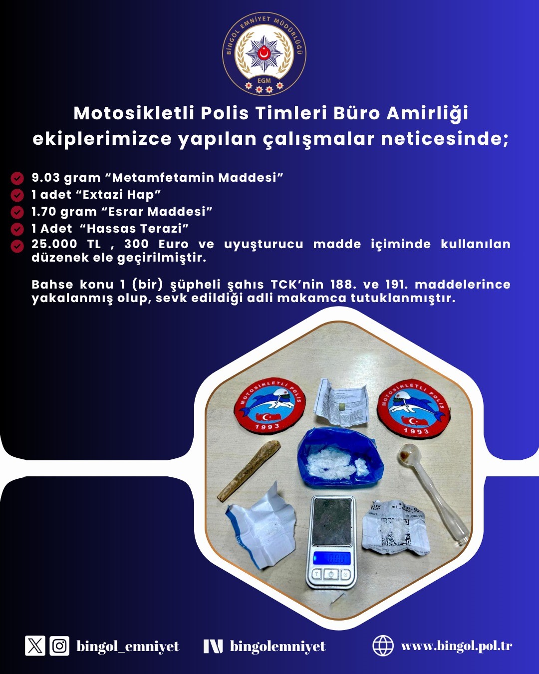 Bingöl’de uyuşturucu operasyonu: 1 şüpheli tutuklandı