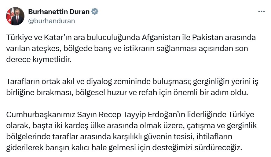 Burhanettin Duran’dan Afganistan-Pakistan ateşkesi açıklaması