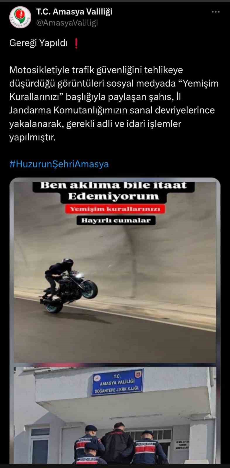 Tehlikeli motosiklet kullandığı görüntüleri ‘Yemişim kurallarınızı’ notuyla paylaştı, 