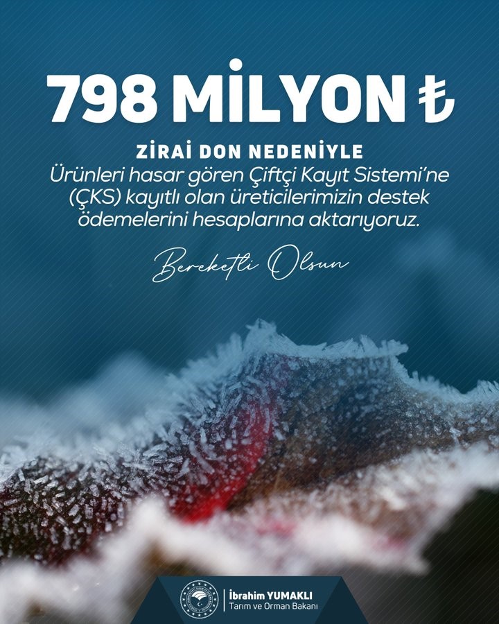 Zirai don nedeniyle ürünleri hasar gören çiftçilere 798 milyon lira destek ödemesi yapıldı