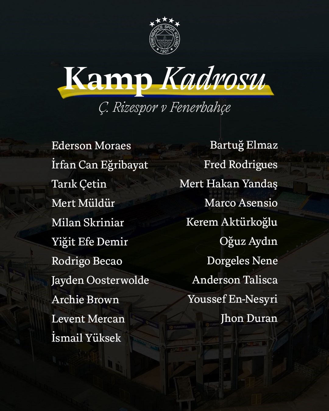 Fenerbahçe’nin Çaykur Rizespor maçı kamp kadrosu belli oldu