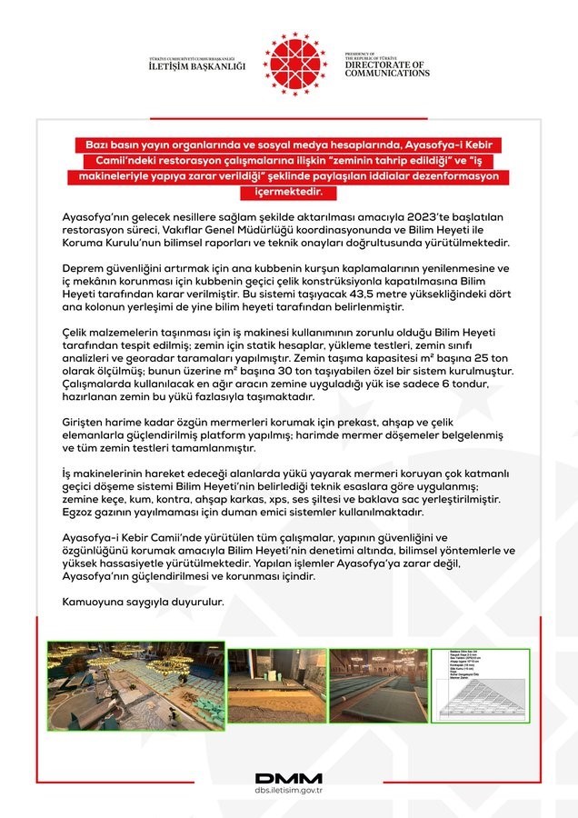 DMM’den ’Ayasofya-i Kebir Camii’ye iş makineleriyle zarar verildiği