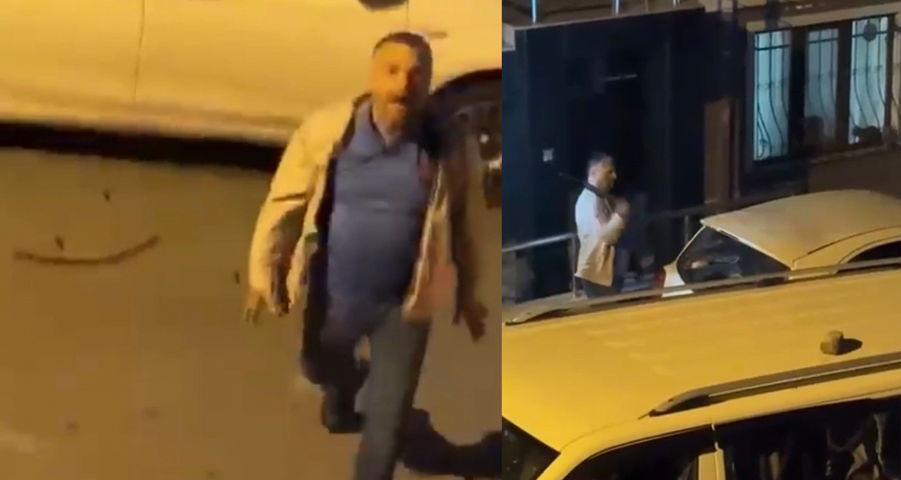 Ümraniye’de eşinin ve komşusunun otomobiline sopayla zarar veren kişi kamerada