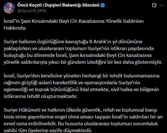 Dışişleri Bakanlığı Sözcüsü Keçeli’den İsrail’in Şam’a saldırılarına tepki
