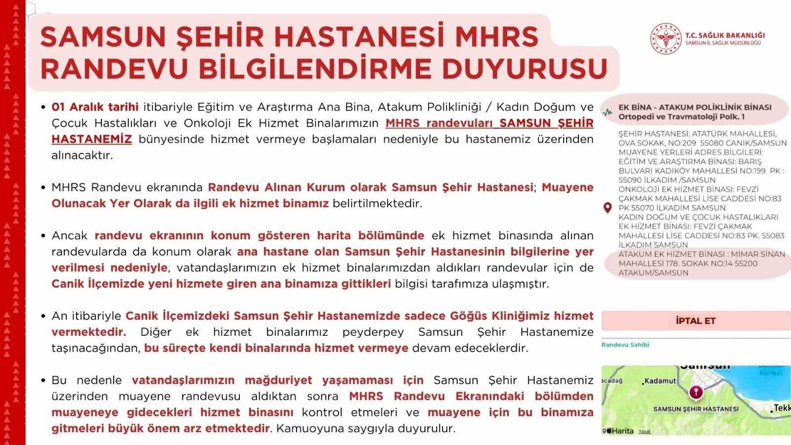 Samsun Şehir Hastanesi randevularında 