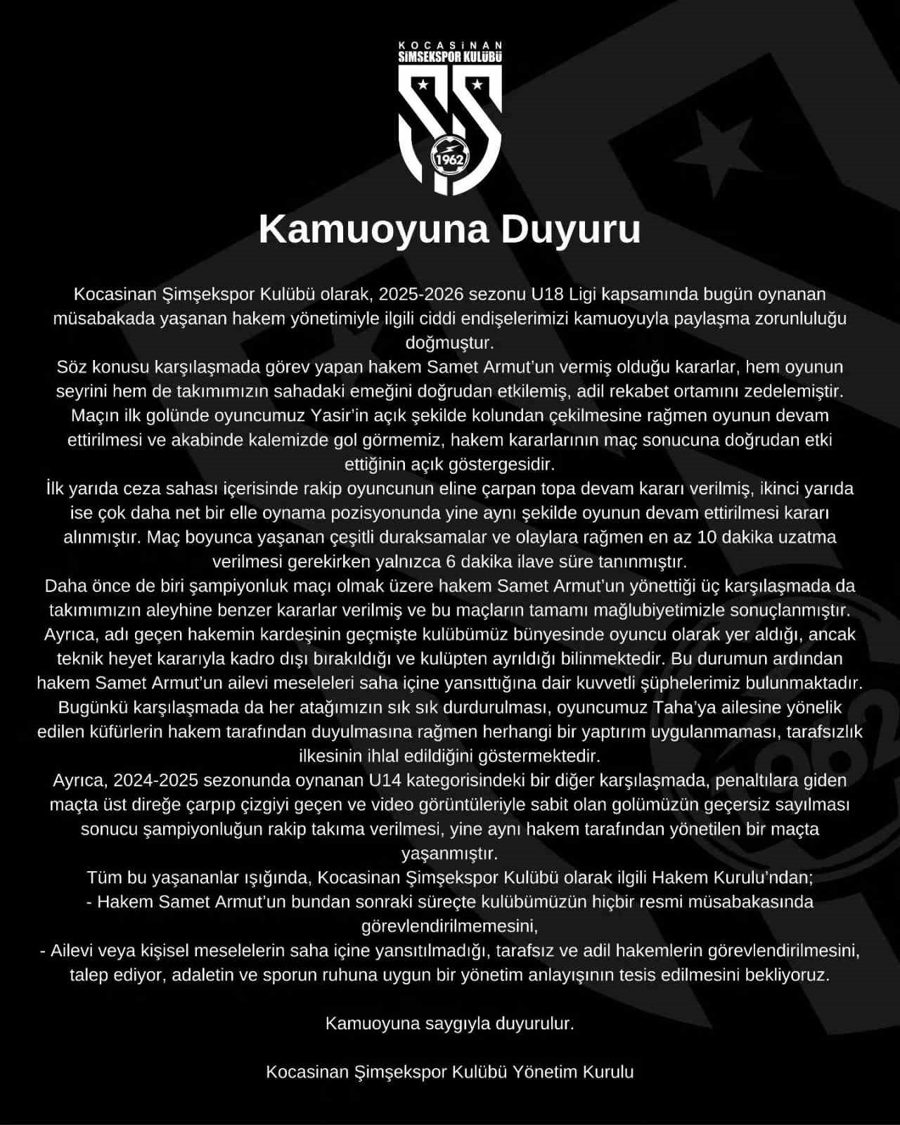 Kocasinan Şimşekspor’dan sert açıklama: 