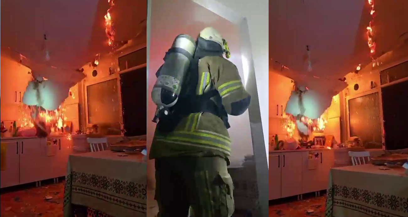 Yangında tavan çöktü, itfaiye ekipleri ölümden döndü... O anlar kameraya yansıdı