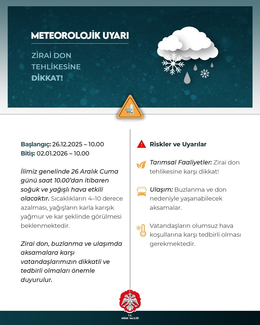 Niğde Valiliği’nden Meteorolojik Uyarı: Soğuk hava, kar yağışı ve zirai don bekleniyor