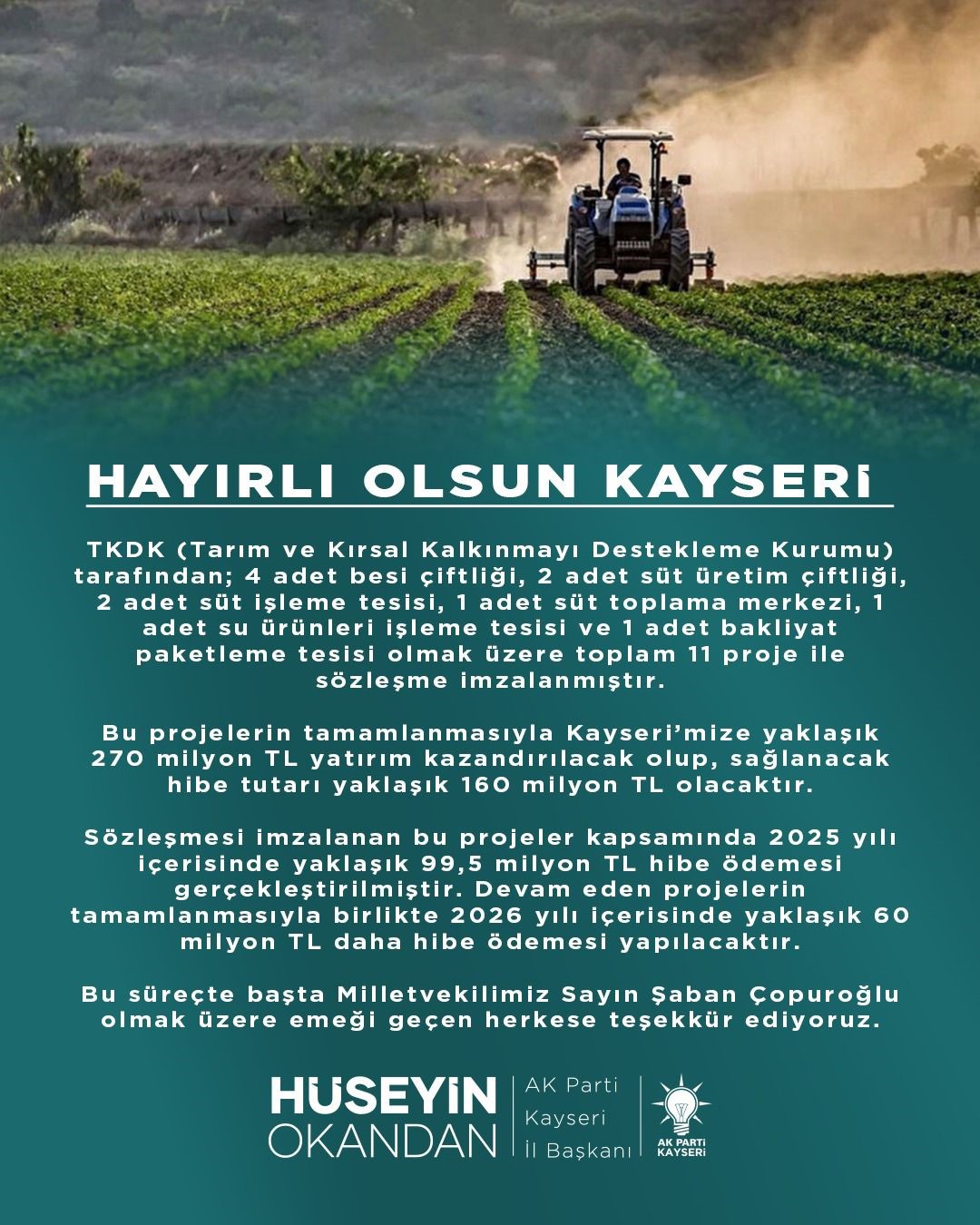Kayseri’ye 270 milyon TL’lik 11 proje müjdesi