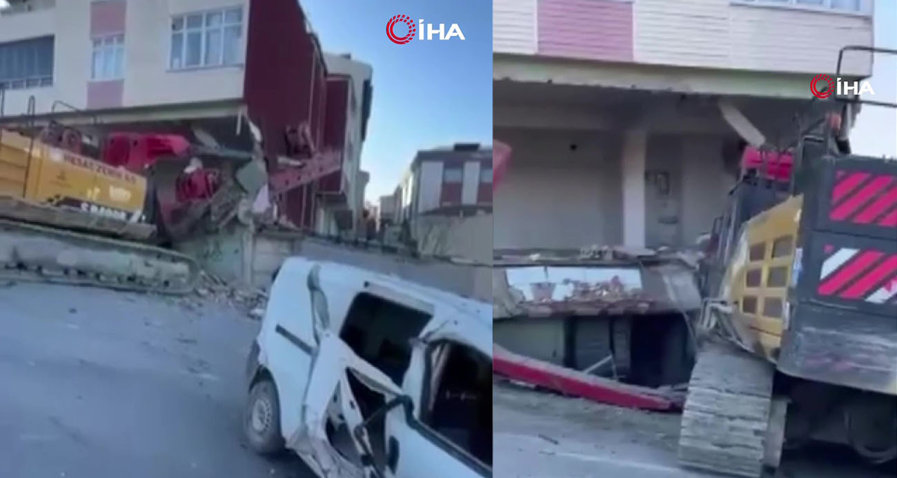 Başakşehir’de kopan vinç 2 araca ve binaya çarptı