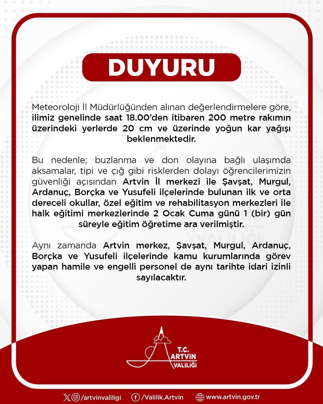 Artvin’de eğitime 1 gün ara verildi