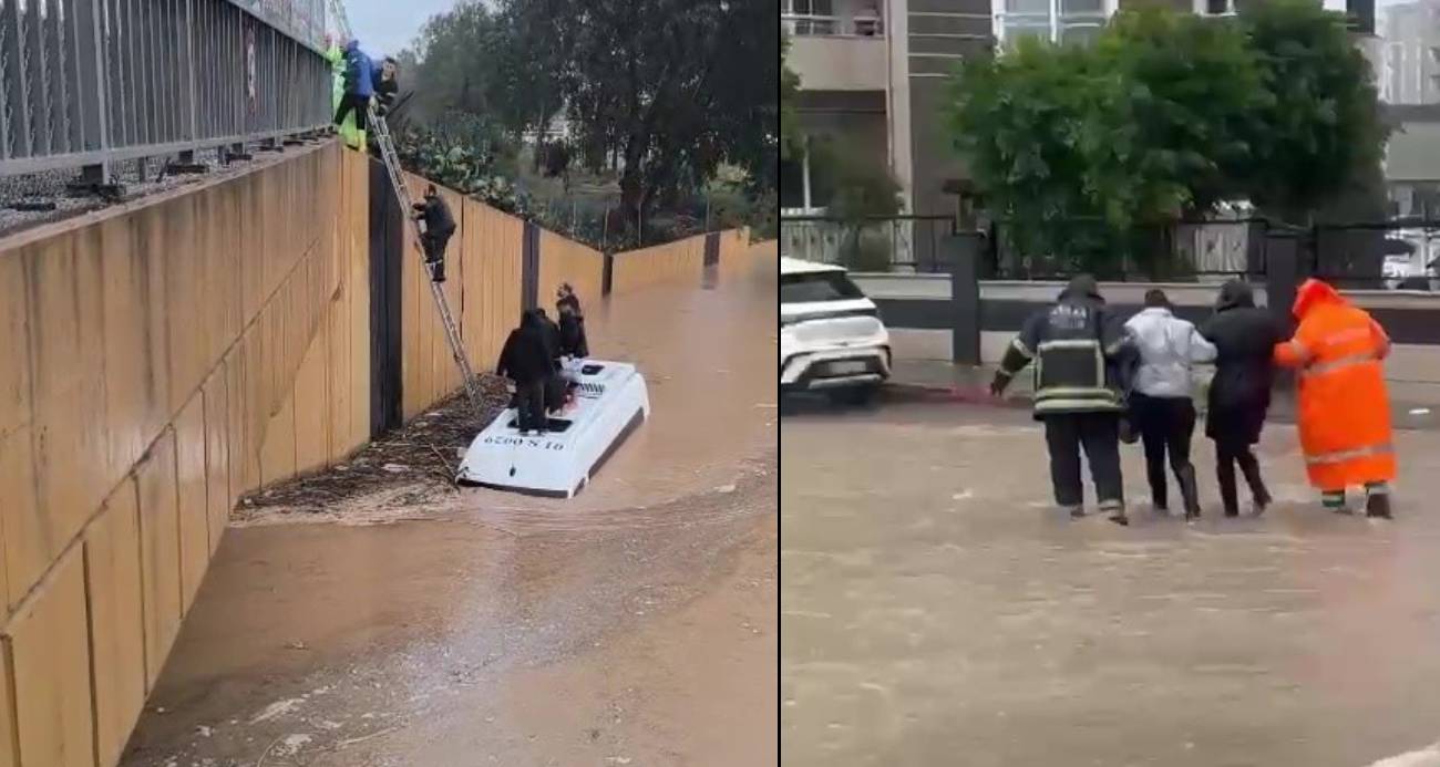Sağanak yağmura servis aracında yakalananlar merdivenle kurtarıldı