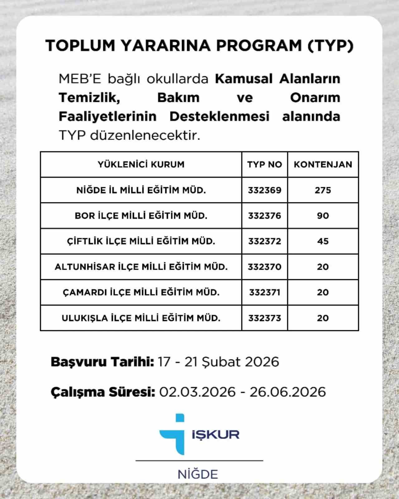 Niğde’de okullara 470 kişilik TYP alımı yapılacak