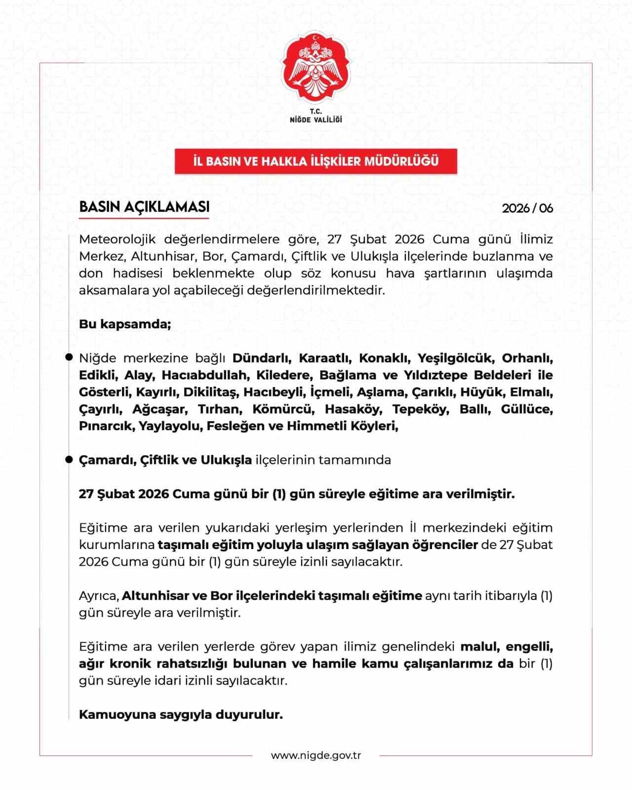 Niğde’de bazı okullarda eğitime ara verildi