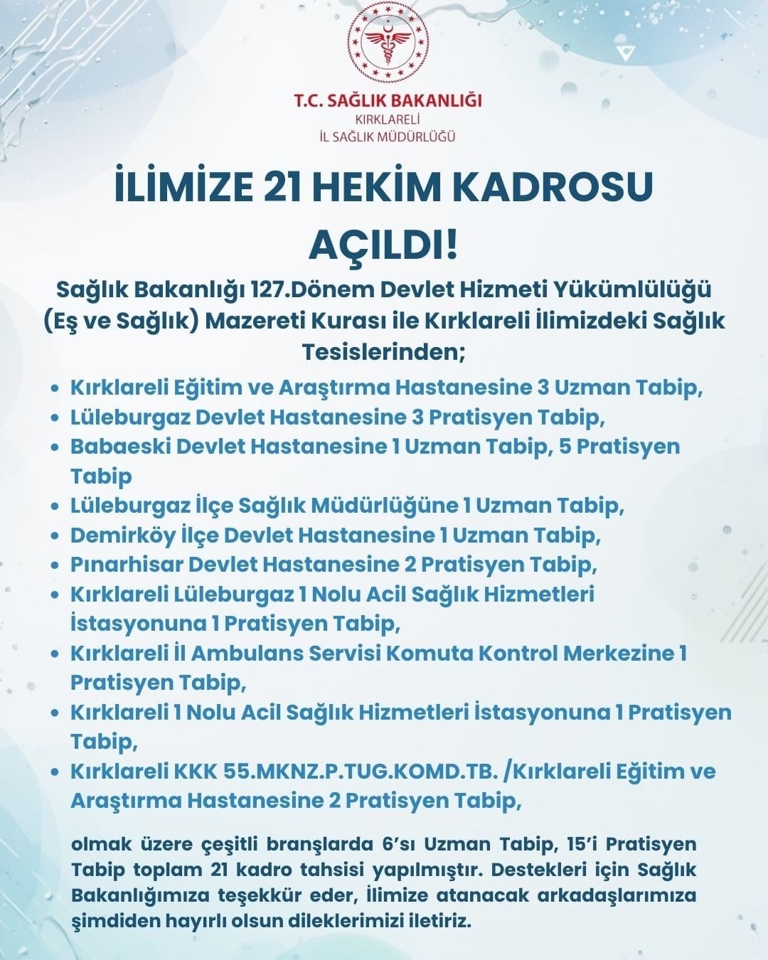 Kırklareli’ne 21 hekim kadrosu tahsis edildi