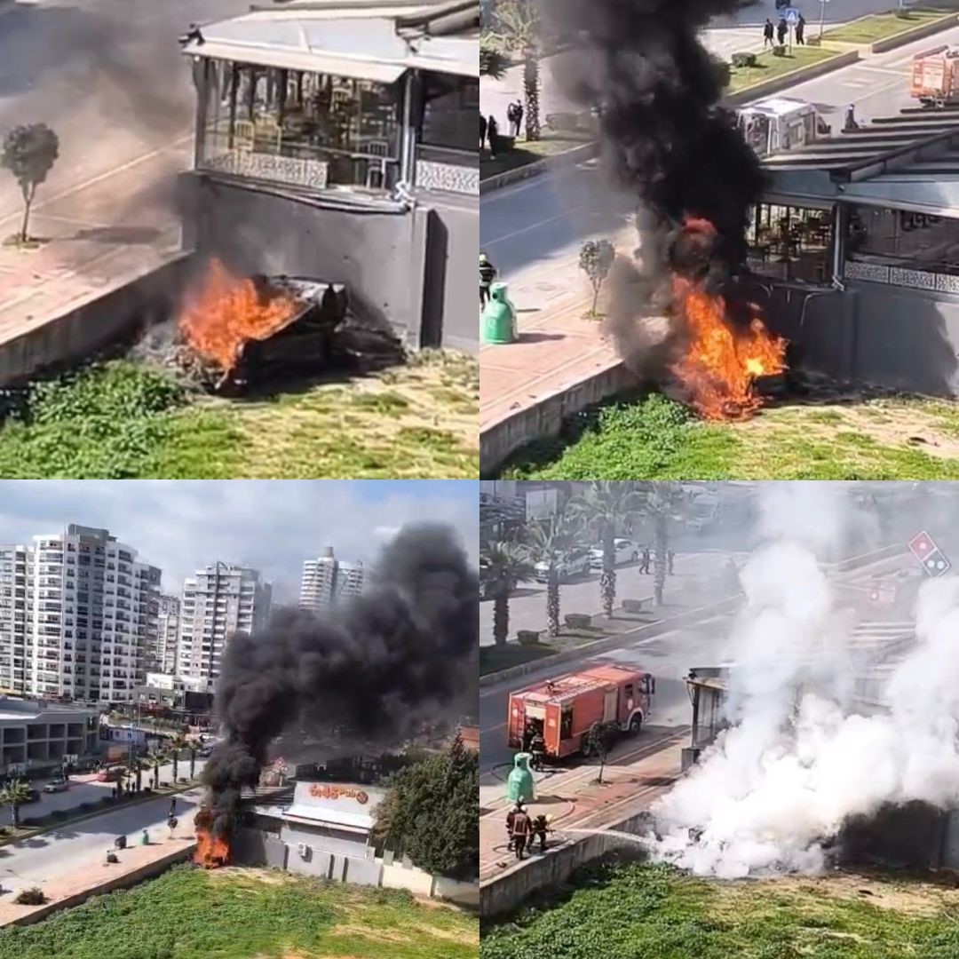 Mersin’de iş yerinin duvarına çarpan otomobil alev aldı: 1 yaralı