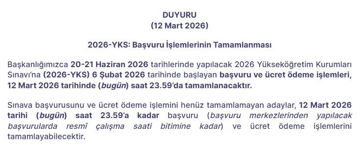 2026-YKS başvuru işlemleri bugün sona eriyor