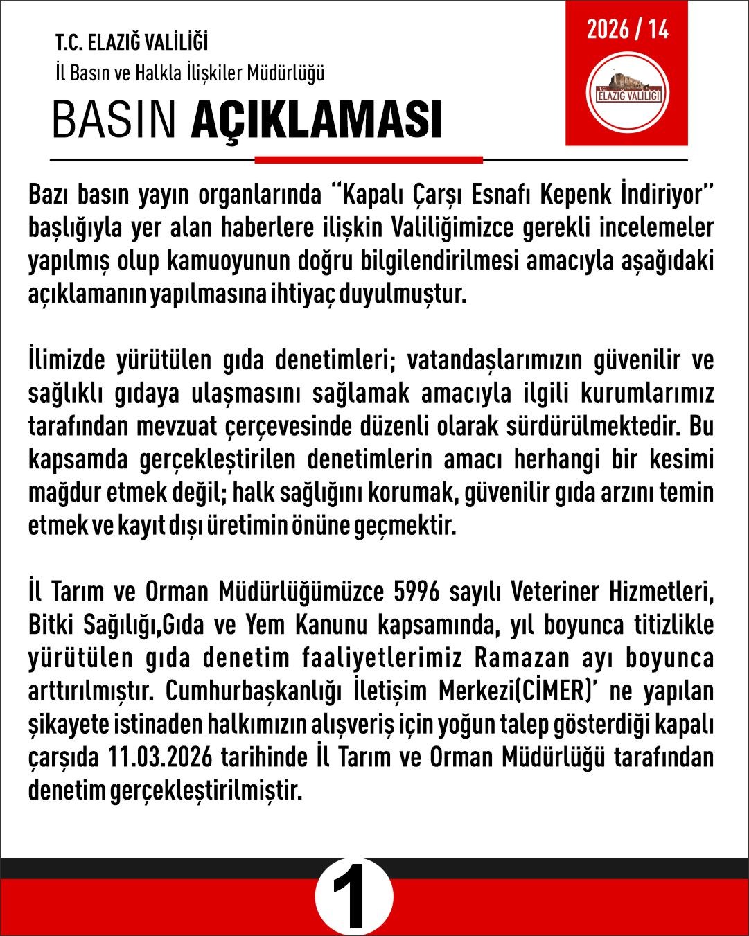 Elazığ Valiliği’nden denetim açıklaması