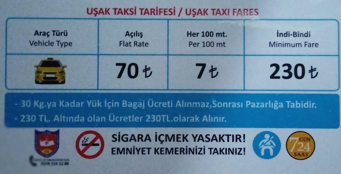 Uşak’ta taksi indi-bindi ücreti 230 TL oldu