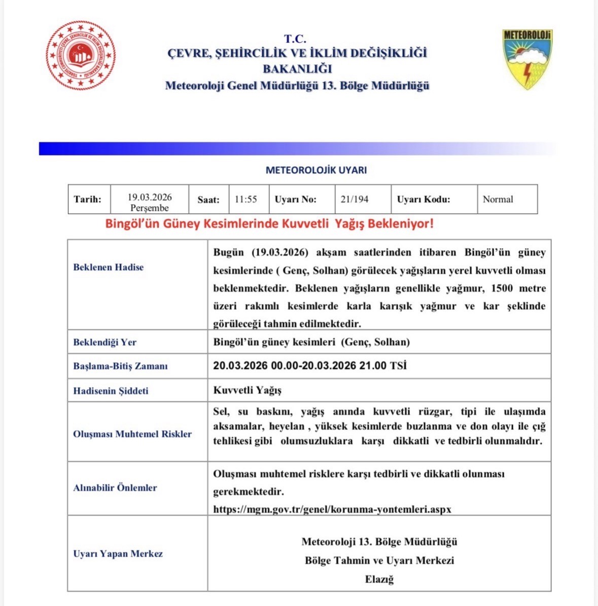 Meteorolojiden  Bingöl için kuvvetli yağış uyarısı