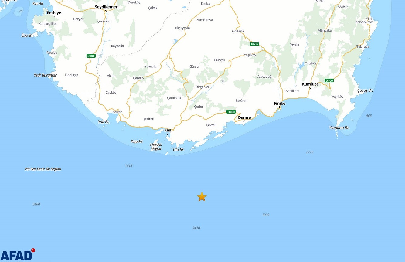 Kaş açıklarında 3.8 büyüklüğünde deprem meydana geldi