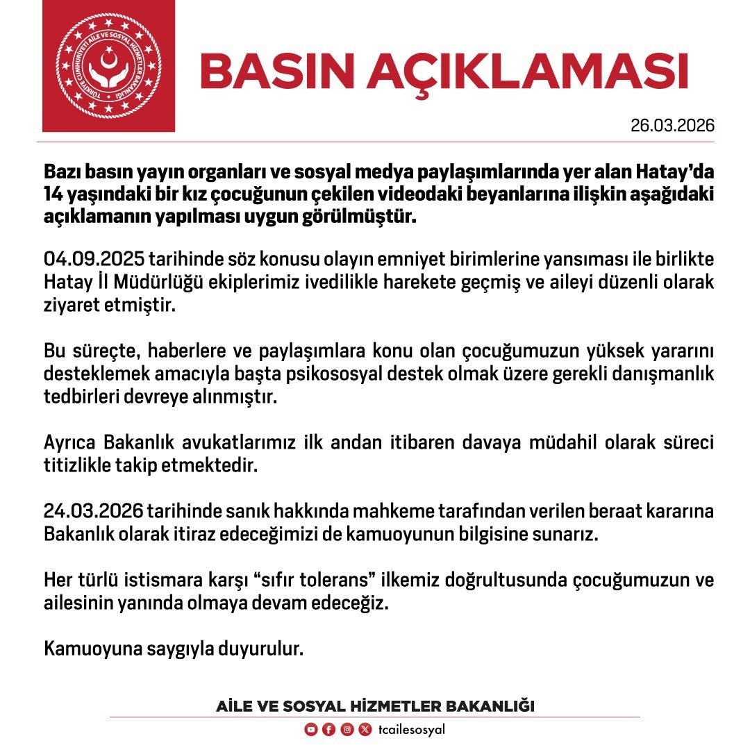 14 yaşındaki kız çocuğunun taciz iddialarına verilen beraat kararına Bakanlık itiraz edecek