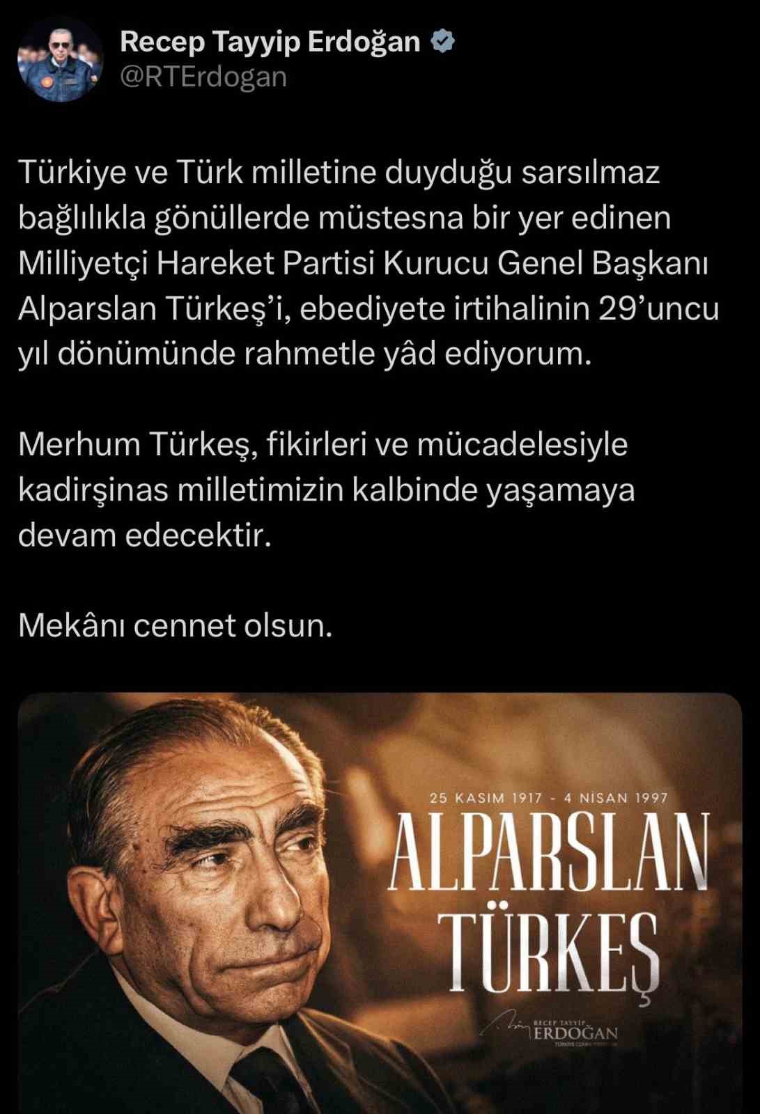 Cumhurbaşkanı Erdoğan, Alparslan Türkeş’i vefatının 29’uncu yıl dönümünde andı