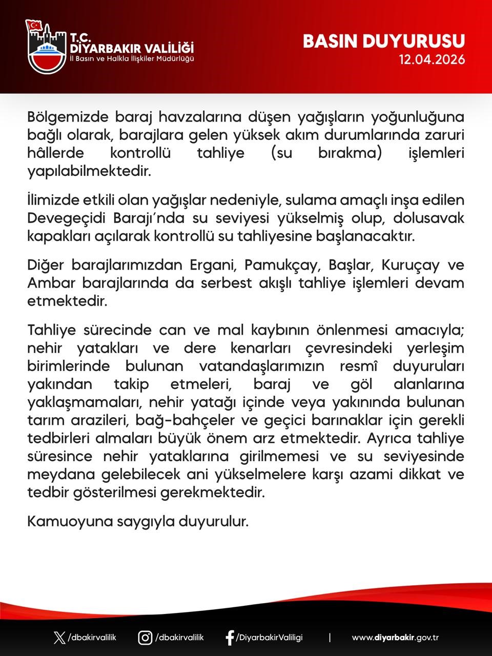 Diyarbakır’daki 5 barajda tahliye işlemi