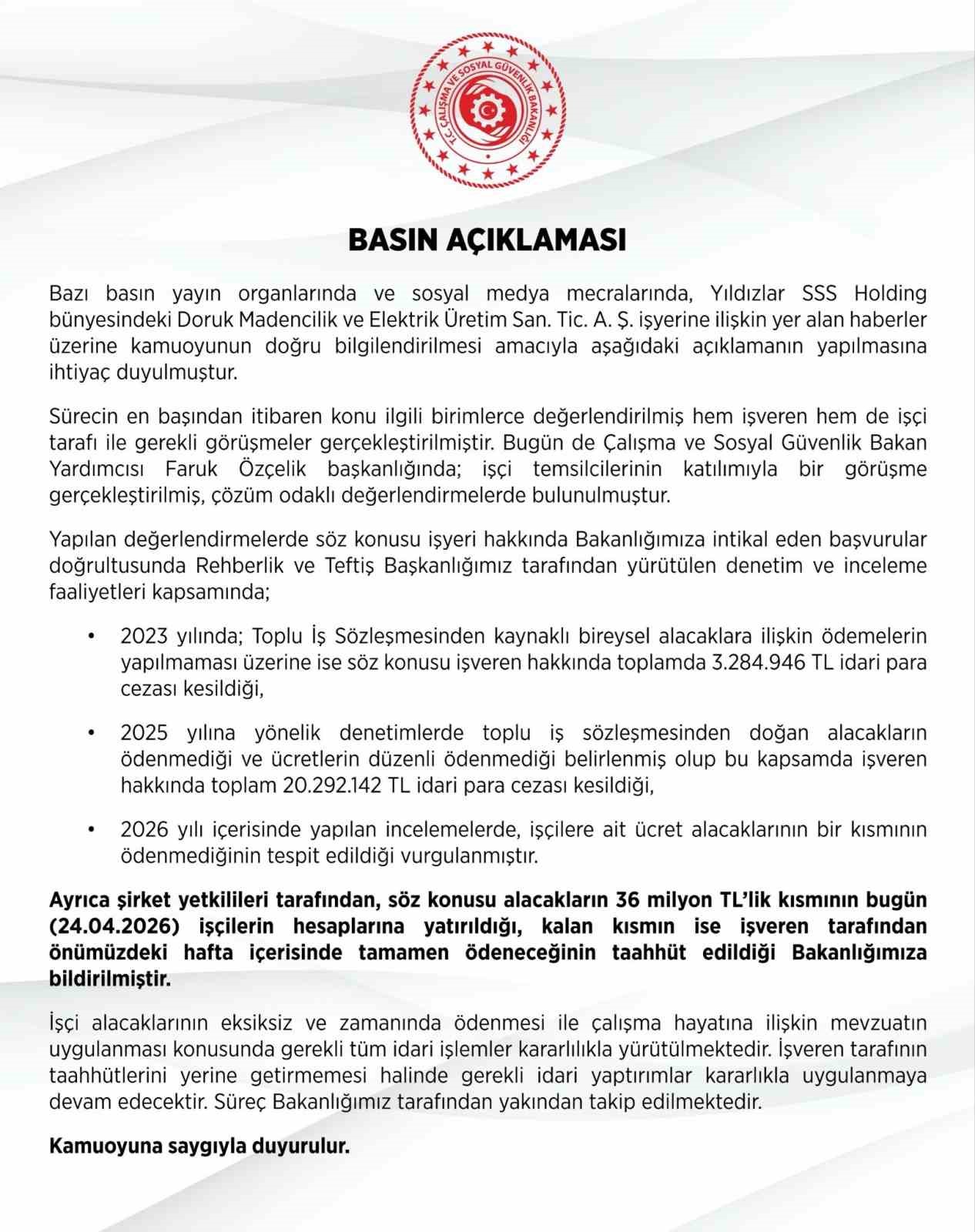 Çalışma ve Sosyal Güvenlik Bakanlığından maaşlarını alamayan maden işçileriyle ilgili açıklama