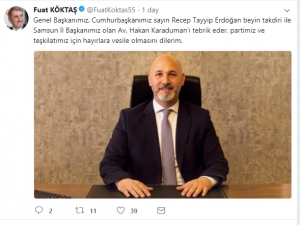 Ak Parti Samsun İl Başkanlığı’na Karaduman Atandı