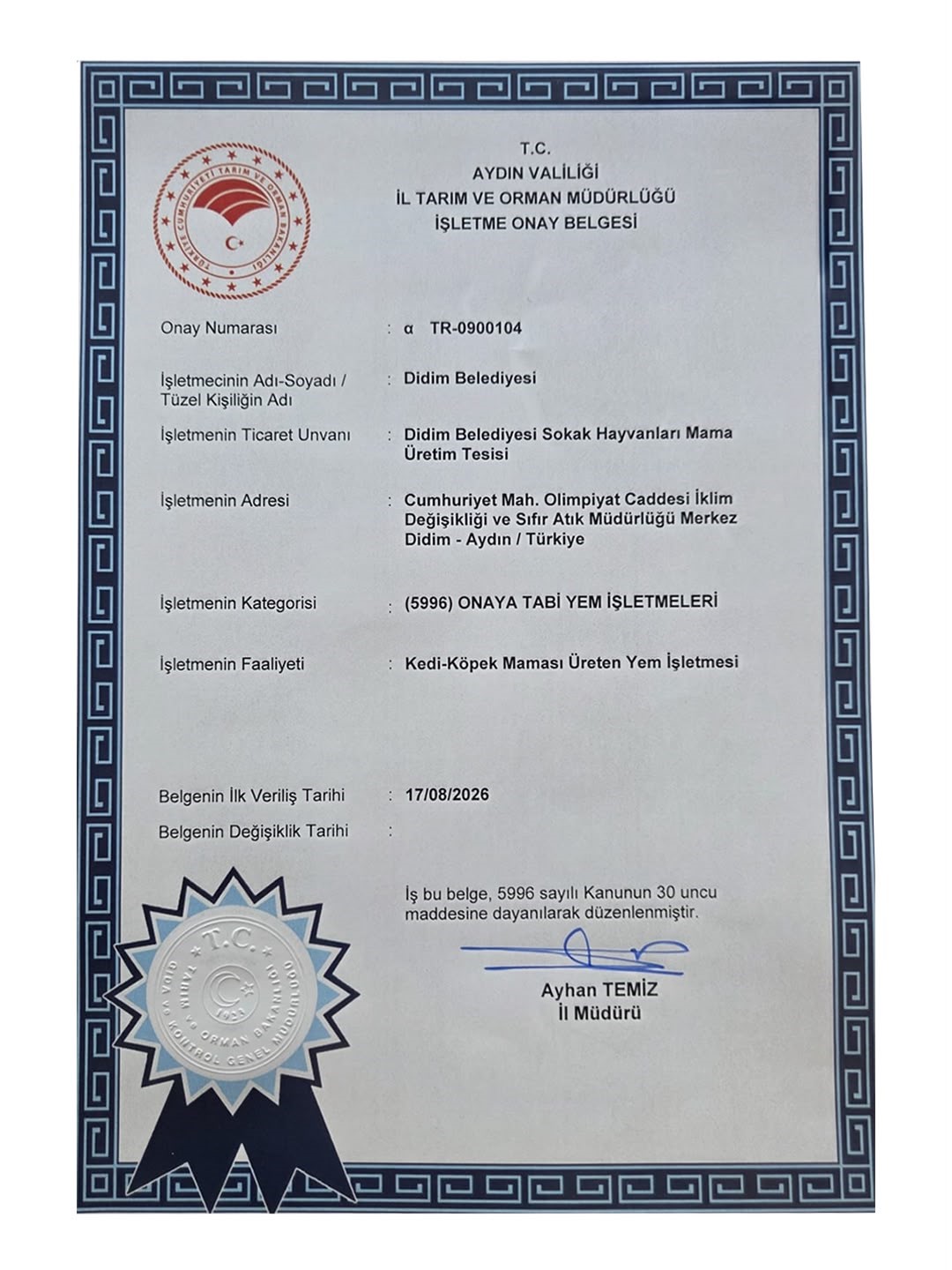 didim-in-mama-uretim-tesisine-onay-belgesi-verildi