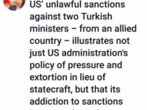 İran İslam Cumhuriyeti Dışişleri Bakanı Mohammad Cavad Zarif, Twitter Hesabından Abd’nin Türkiye’ye Karşı Uyguladığı Yaptırımı Kınadı.