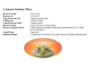 Isparta Kabune Pilavına Coğrafi İşaret Tescil Belgesi