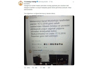 Antalya Valiliği: “Yarın Okulların Tatil Olduğu Asılsızdır, İtibar Edilmemelidir”