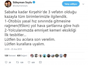 Bakan Soylu’dan Kırşehir’deki Otobüs Kazasına İlişkin Açıklama