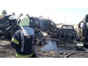 Anız Yangını Yediemin Deposuna Sıçradı, Hurda Araçlar Yandı