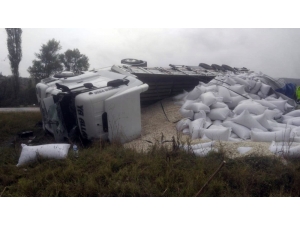 Çekirdek Yüklü Tır Devrildi, Yol Trafiğe Kapandı